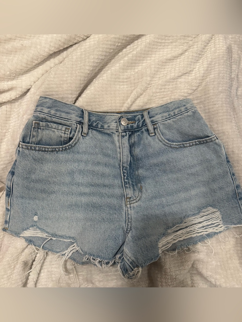 Vintage High-Rise Light Wash Distressed Denim Cutoff Shorts